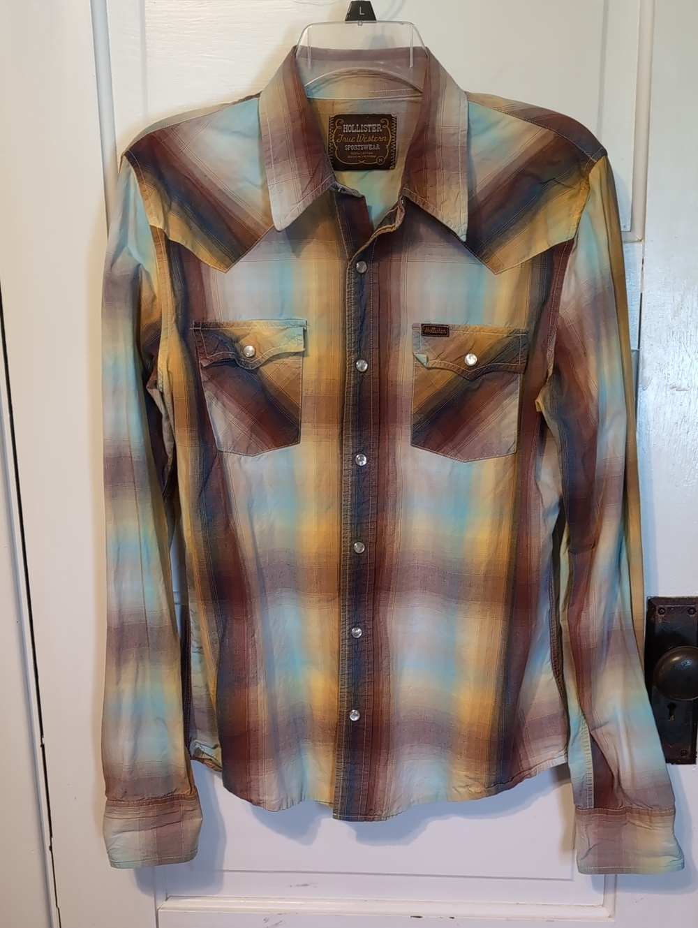 Hollister Men’s Plaid Button-Down Shirt in Blue, Brown & Yellow